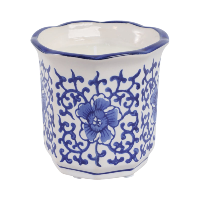 4", 6oz Fluted Chinoiserie Candle , Blue/white