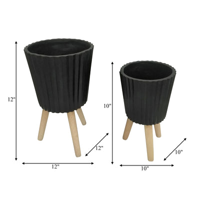 S/2 10/12" RIDGED PLANTER W/ WOOD LEGS, BLACK (KD)