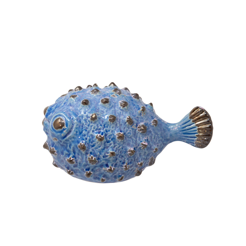 CERAMIC BLOWFISH FIGURINE 10", BLUE