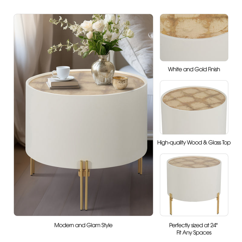 WOOD,24" GOLD LEAF TOP SIDE TABLE, WHT/GLD