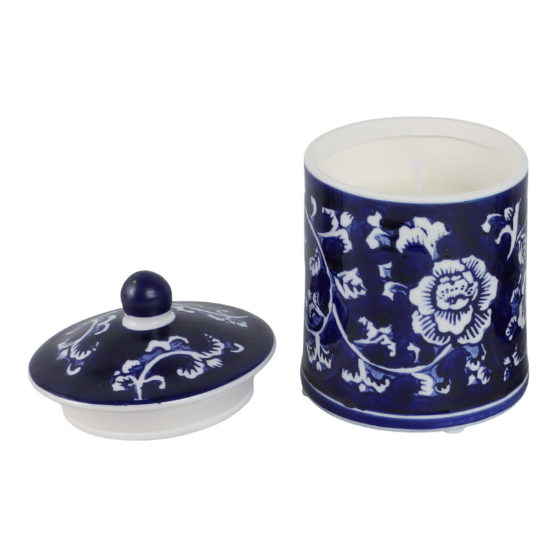 Cer, 6" 8oz Chinoiserie Scntd Candle W/lid,blu/wht