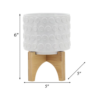 CERAMIC 5" PLANTER ON WOODEN STAND, WHITE