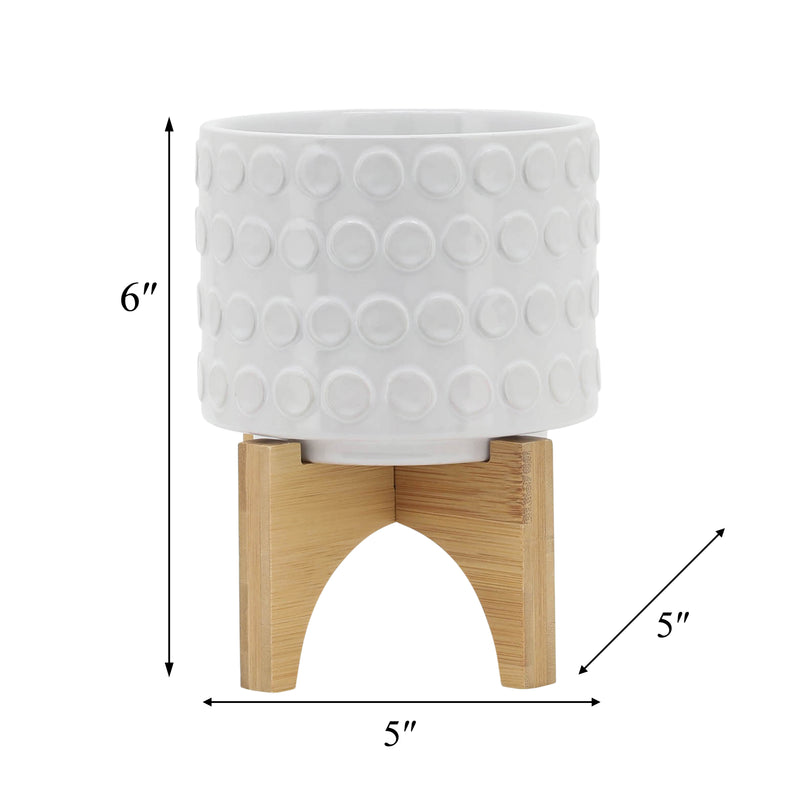 CERAMIC 5" PLANTER ON WOODEN STAND, WHITE