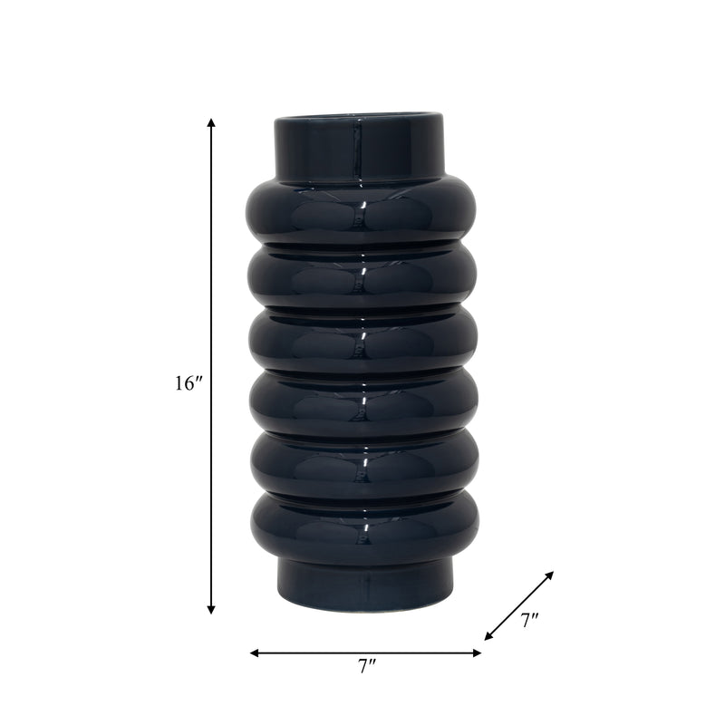 CER, 16" RIBBED VASE, NAVY