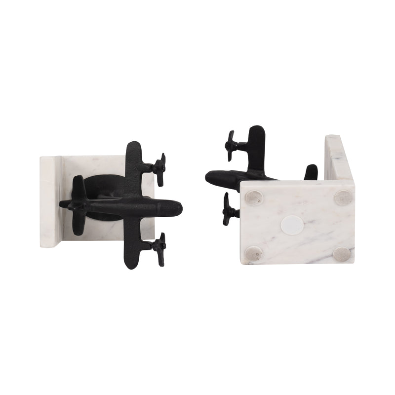 Metal, S/2 6" Airplane Bookends On Marble, Blk/wht