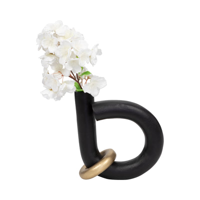 Metal, 9" Loop Vase W/ Gold Ring, Black/gold