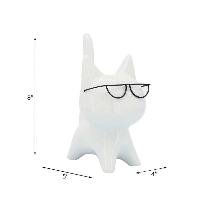 PORCELAIN, 8"H KITTY W/ GLASSES, WHITE