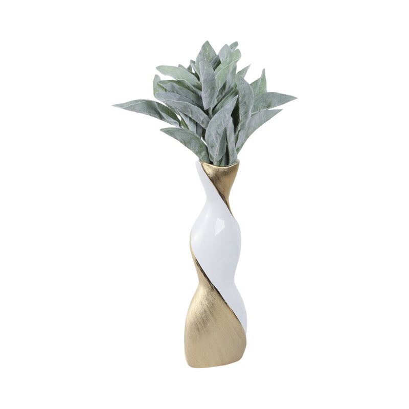 16" TWISTED VASE, WHITE/GOLD