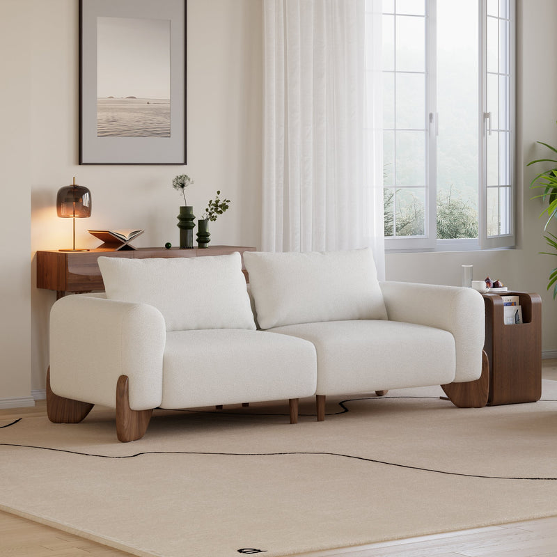 Curva White Boucle Upholstered Wood Legs 2-Seat Sofa