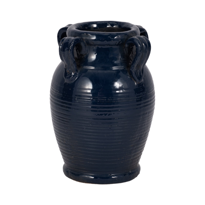 7" Terracotta Vase With Handles, Navy Blue