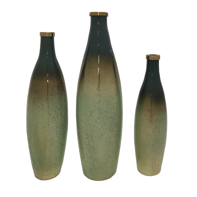 S/3 16/18/21" Windard Glass Bottles, Green