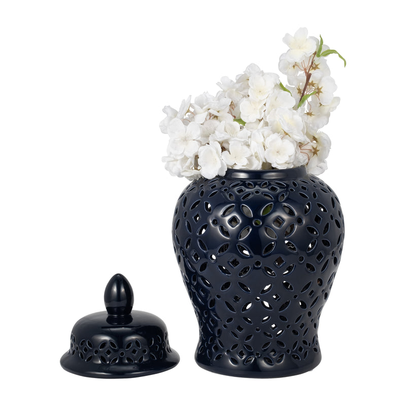 17" CUT-OUT DAISIES TEMPLE JAR, NAVY BLUE