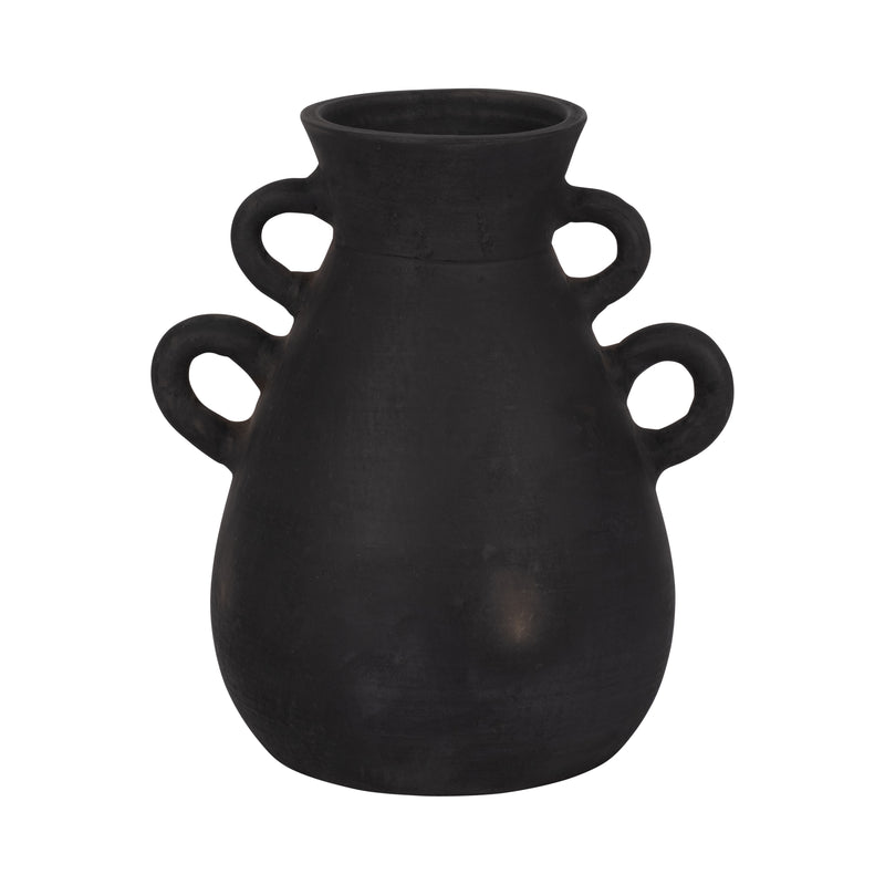 TERRACOTTA, 12" VASE WITH 4 HANDLES, BLACK