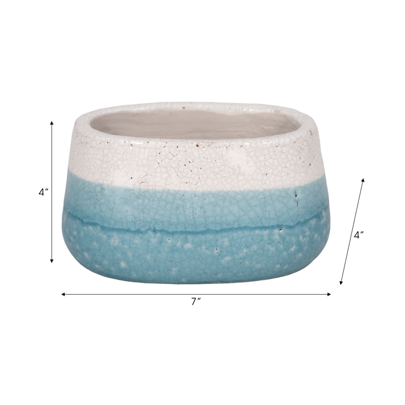 7" Oval Reactive Crackle Finish Planter, Blue/whit