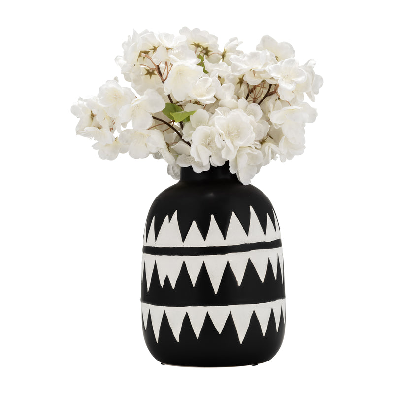 CER, 9"H TRIBAL FLOWER VASE, BLACK/WHITE