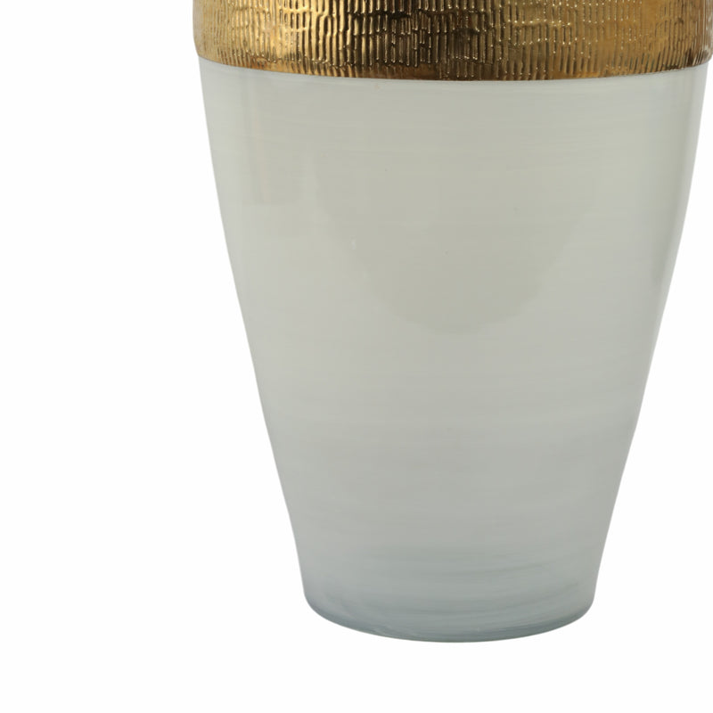 GLASS 21"H GINGER VASE W/ BRASS BAND, WHITE