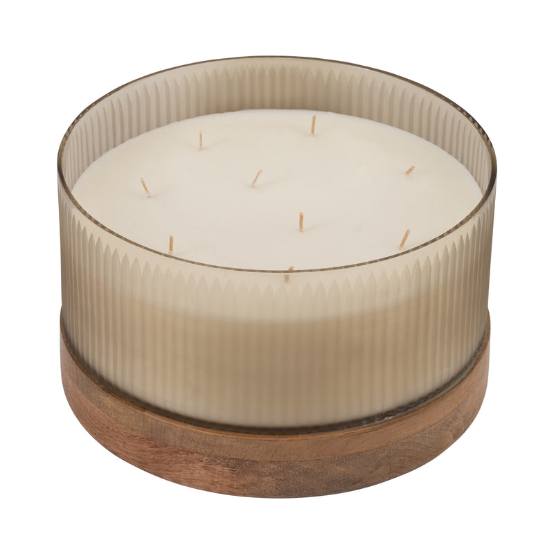 12" 183 Oz Glass Candle W/ Wood Base, Ivory