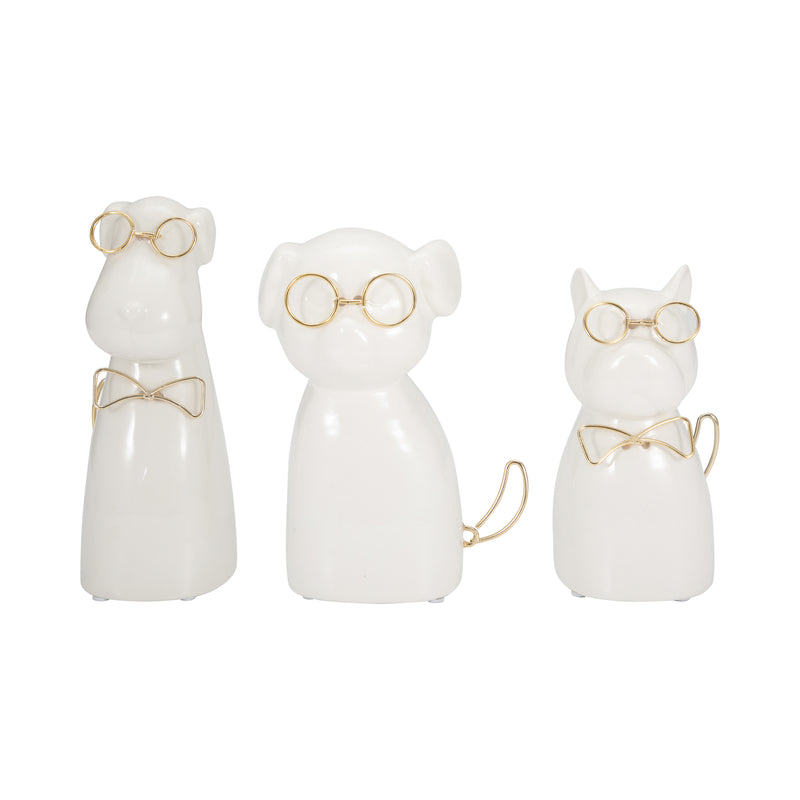 CER 6"H, PUPPY WITH GOLD GLASSES AND BOWTIE, WHT