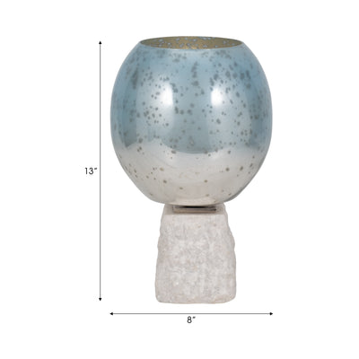 Glass, 13" Bowl Pillar Holder Marble Base, Aqua/wh