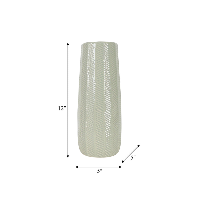 CER, 12" ETCHED LINES CYLINDER VASE, CUCUMBER