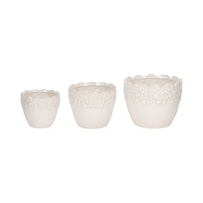 S/3 8/9/11" Floral Crown Planter, Ivory