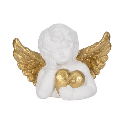 15" Garden Cherub With Heart, White/gold