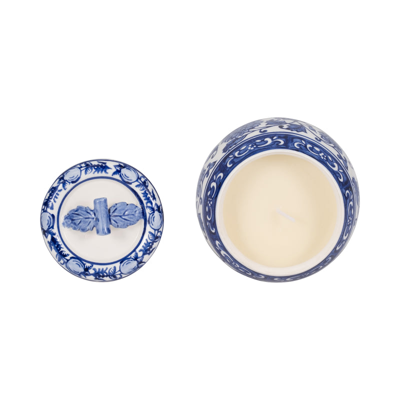 5" 8.5oz Peony Chinoiserie Lidded Candle, Blu/wht