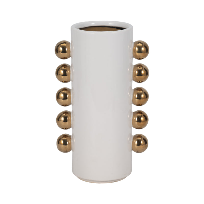 Cer, 10" Vase W/ Side Knobs, White/gold