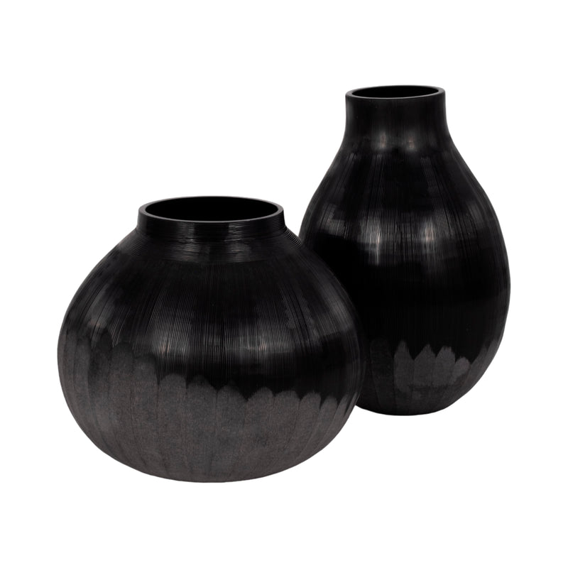 9" Etched Lines Rough Cut Bottom Vase, Black