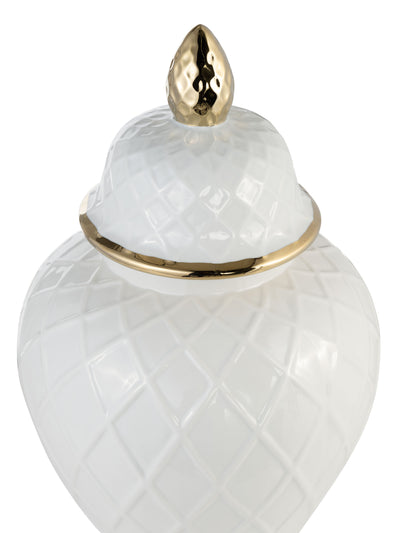 Cer, 20"h Rope Temple Jar, White/gold