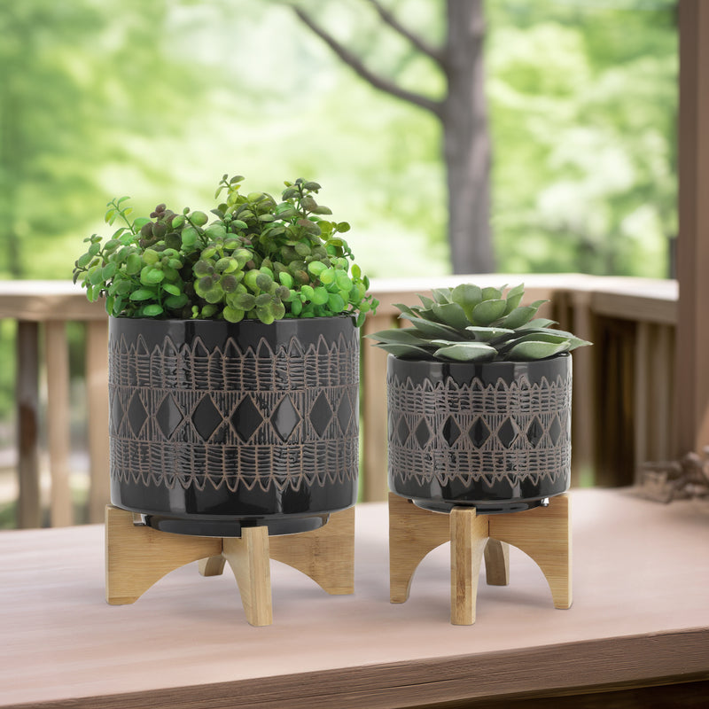 CER, S/2 5/8" AZTEC PLANTER ON WOODEN STAND, BLACK