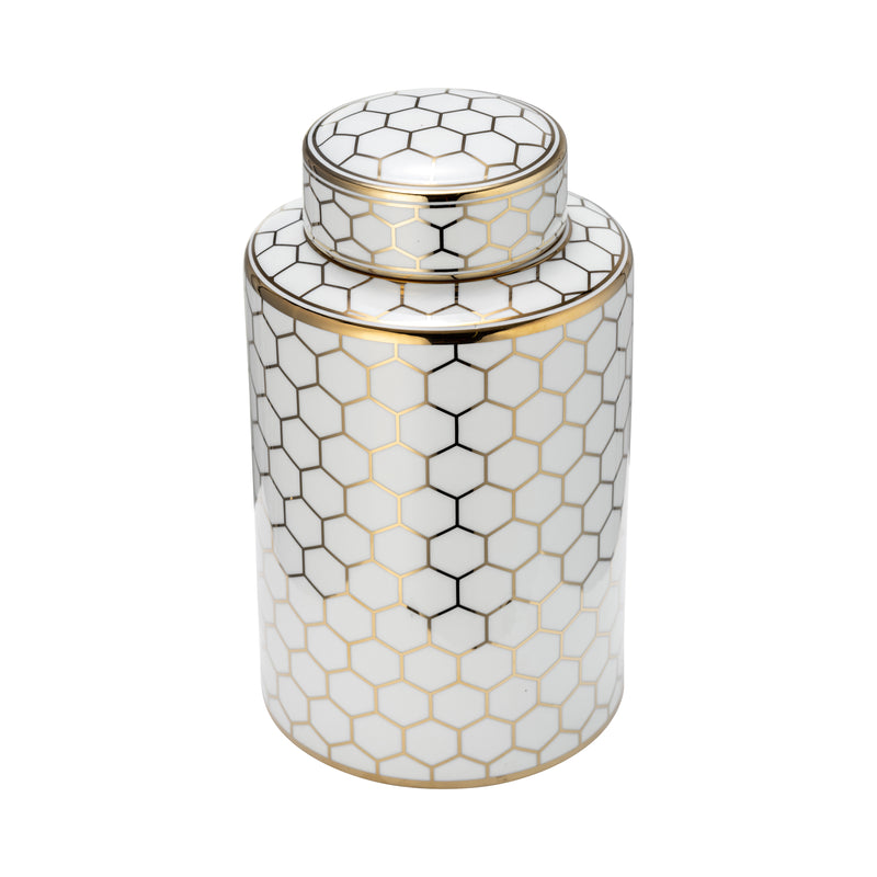 CER, 12" HONEYCOMB JAR W/ LID, GOLD