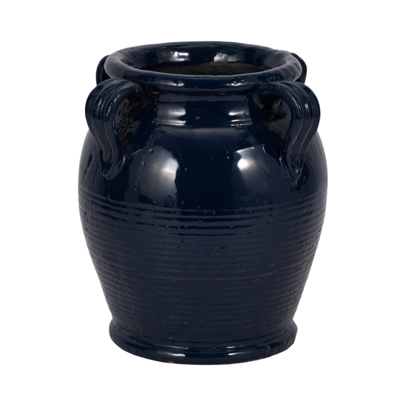 9" Terracotta Vase With Handles, Navy Blue