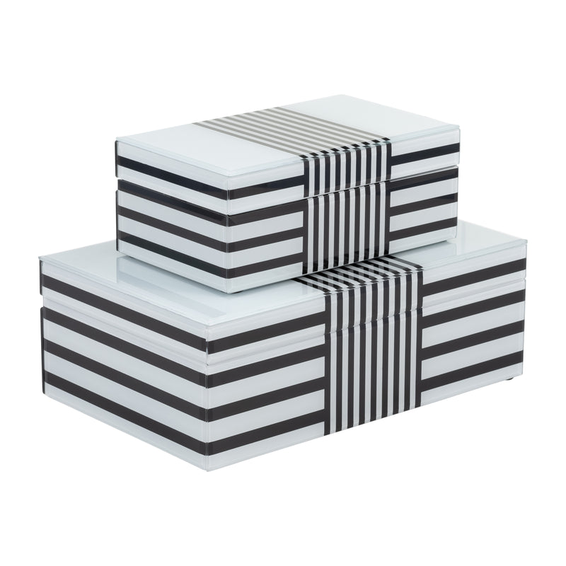 WOOD, S/2 8/11" STRIPED BOXES, BLACK/WHITE