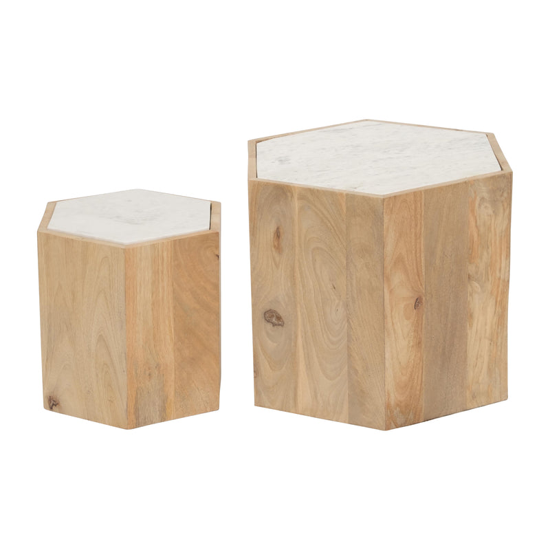 WOOD/MARBLE, S/2 14/20" HEXAGONLA SIDE TABLES, NAT