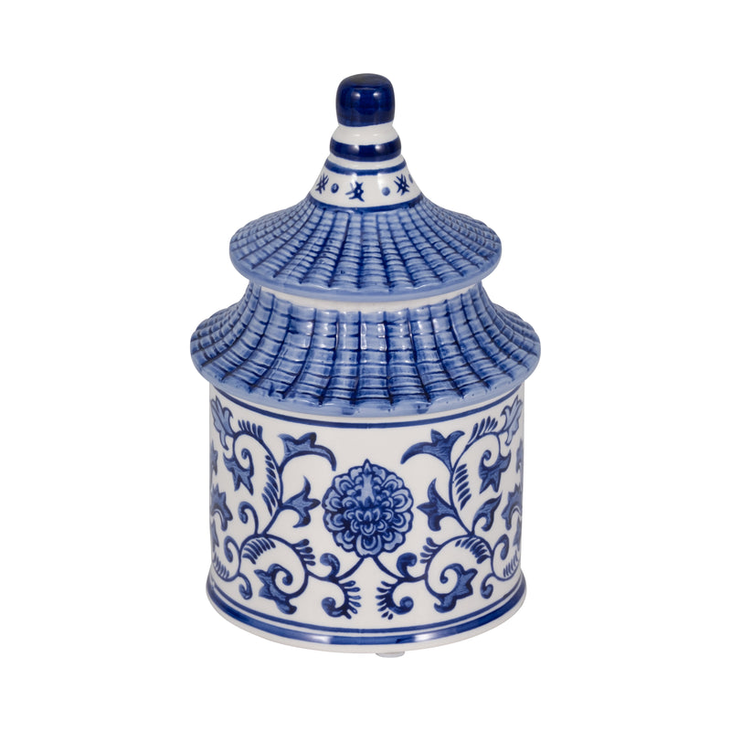 8" 9oz Plumeria Chinoiserie Pagoda Candle,blu/wht