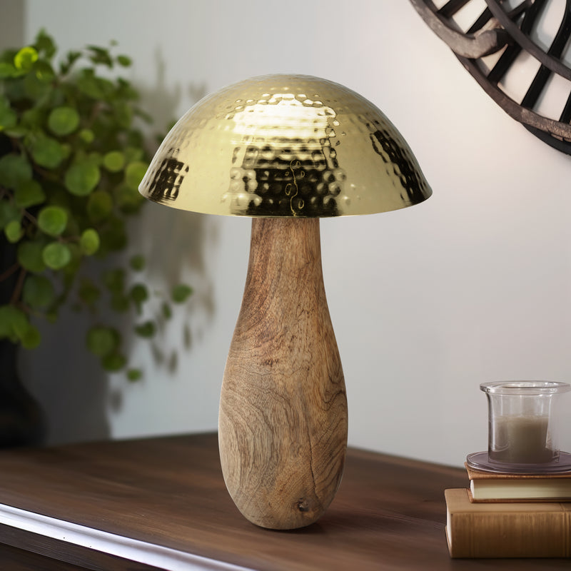 Metal, 16" Mushroom W/ Wood Base, Gold