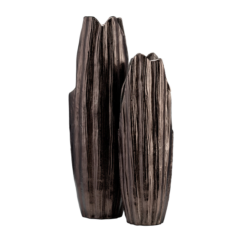 METAL, 24"H, ABSTRACT RIDGED VASE,BLK NICKEL