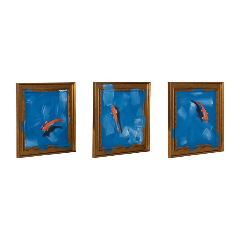 83X28,S/3 HAND PAINTED FISH IN SEA, BLUE/ORANGE