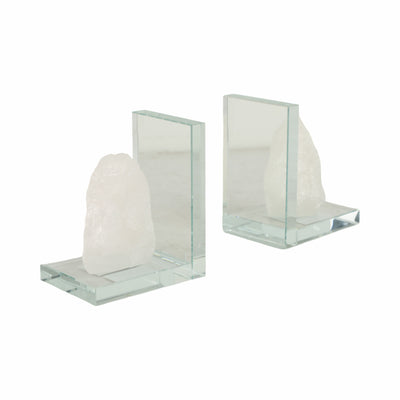 GLASS, S/2 5"H BOOKENDS WITH WHITE STONE, CLEAR