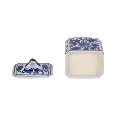 Cer, 6" 13oz Rect Chinoiserie Candle W/lid,blu/wht