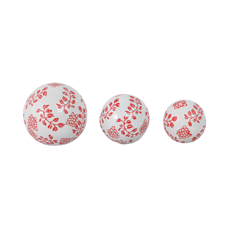 CER, S/3 FERN FLOWER ORBS, 4/5/6" WHITE/RED