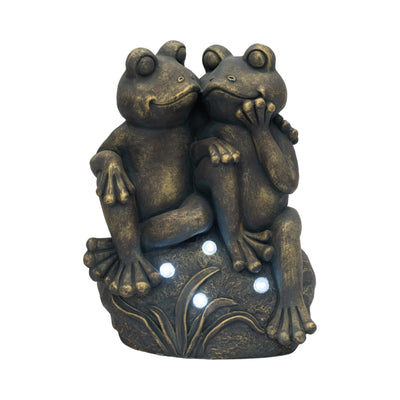 16" Cuddling Frogs On Rock With Solar Lights, Bron