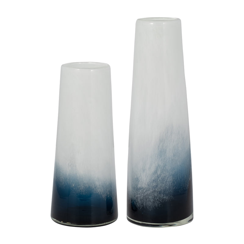 GLASS, 15" BLUE WATERS VASE, BLUE/WHITE