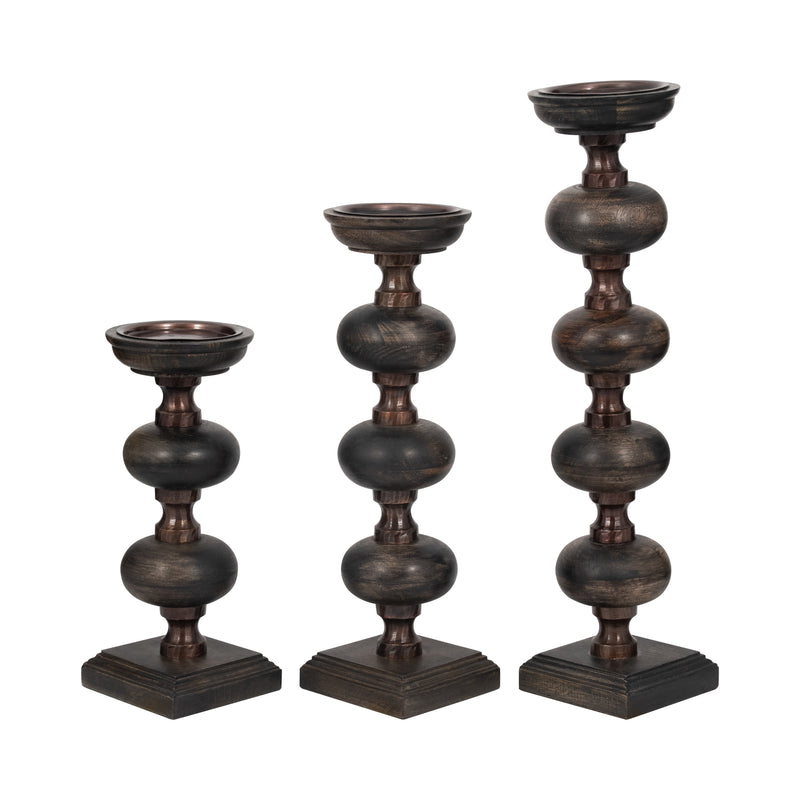 S/3 14/19/23" Sumpter Black Wood Candle Sticks