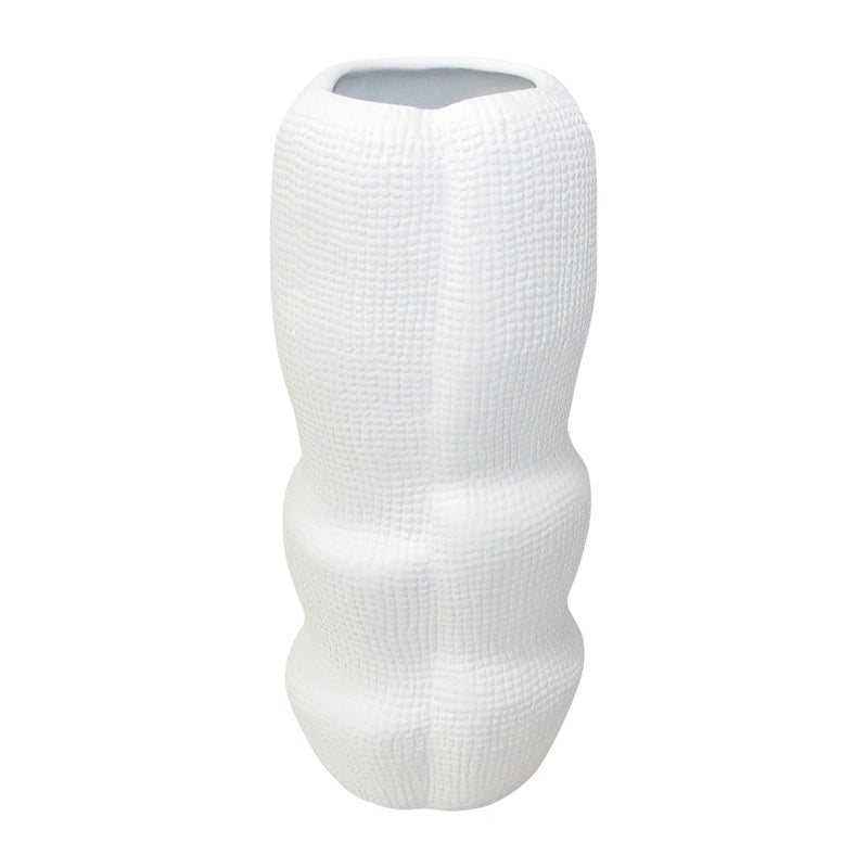 Cer, 12" Waffle Texture Organic Vase, White