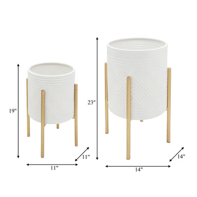 S/2 AZTEC PLANTER ON METAL STAND, WHITE/GOLD