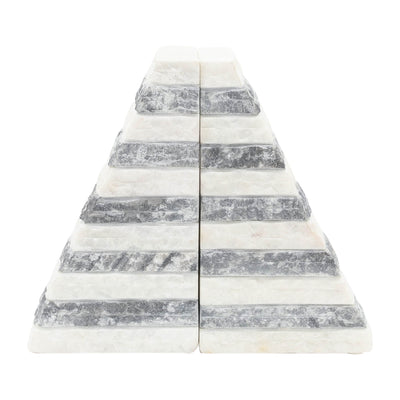 S/2 MARBLE 7"H PYRAMID BOOKENDS, WHITE/GRAY