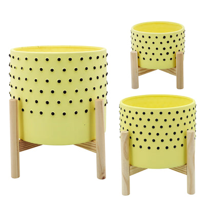 10" DOTTED PLANTER W/ WOOD STAND, YELLOW