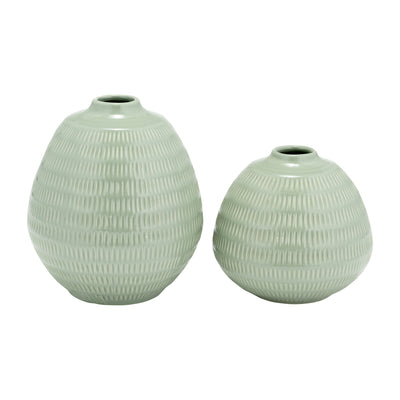 CER,7",STRIPE OVAL VASE,DARK SAGE